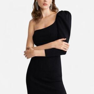 Mango XS Madonna Black One Shoulder Puff Sleeve Mini Dress dramatic NEW